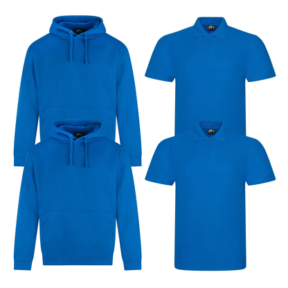 Pro RTX workwear bundle featuring two piqué polo shirts and two pullover hoodies in sapphire blue