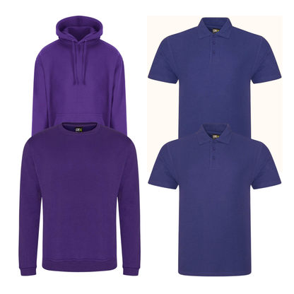 Pro RTX workwear bundle containing two polo shirts, a hoodie and a sweatshirt in purple