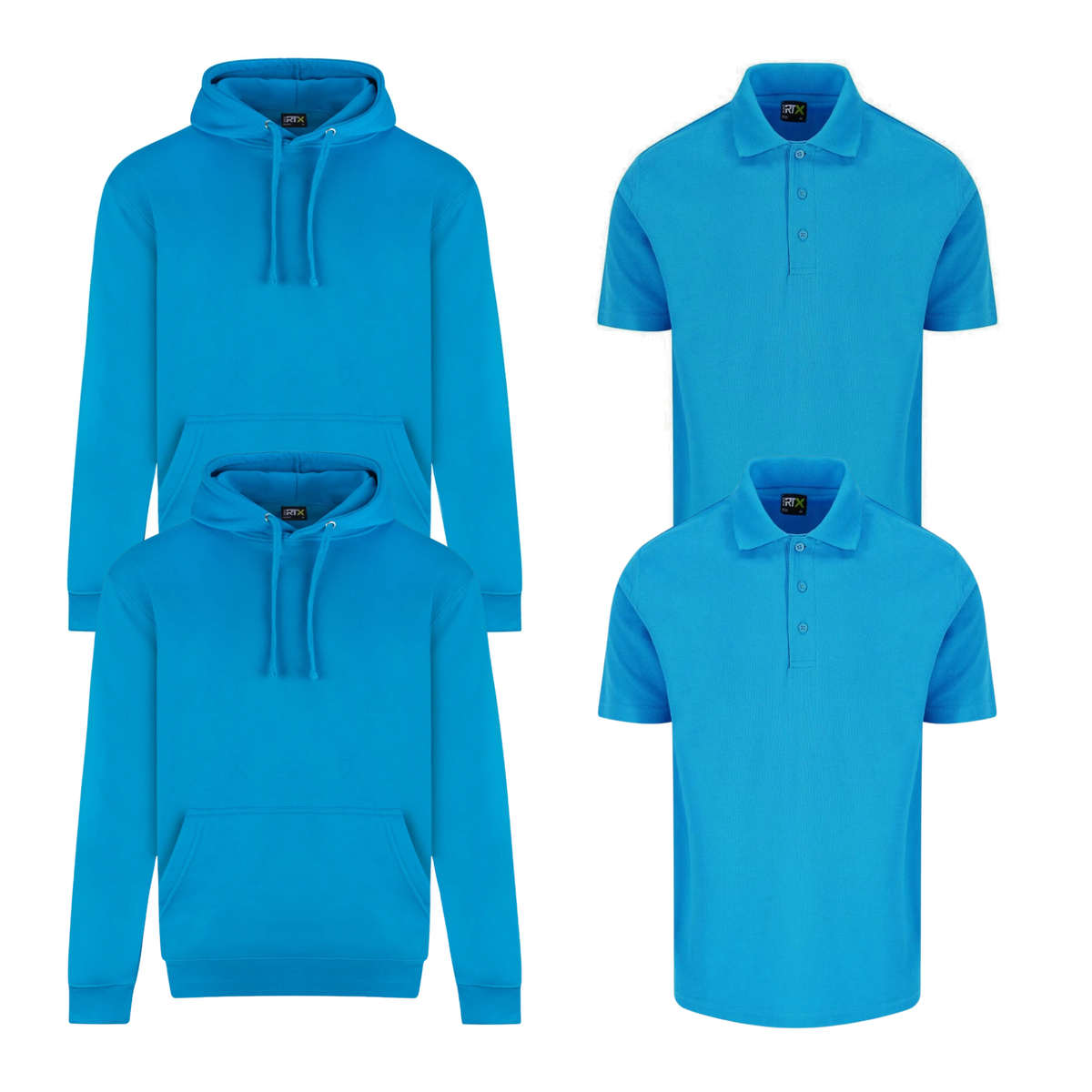Pro RTX workwear bundle featuring two piqué polo shirts and two pullover hoodies in turquoise blue