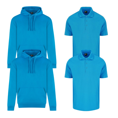 Pro RTX workwear bundle featuring two piqué polo shirts and two pullover hoodies in turquoise blue