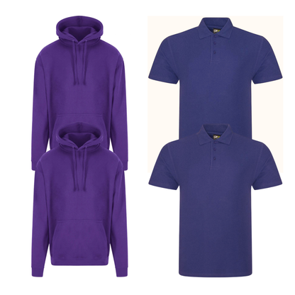Pro RTX workwear bundle featuring two piqué polo shirts and two pullover hoodies in purple