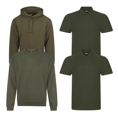 Pro RTX workwear bundle containing two polo shirts, a hoodie and a sweatshirt in khaki