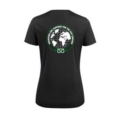 Ladies Printer Red Run Active T-Shirt (Black with Green Emblem)