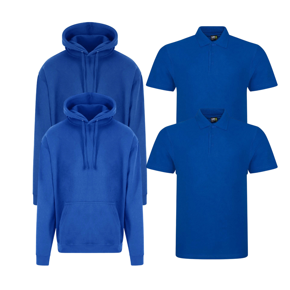 Pro RTX workwear bundle featuring two piqué polo shirts and two pullover hoodies