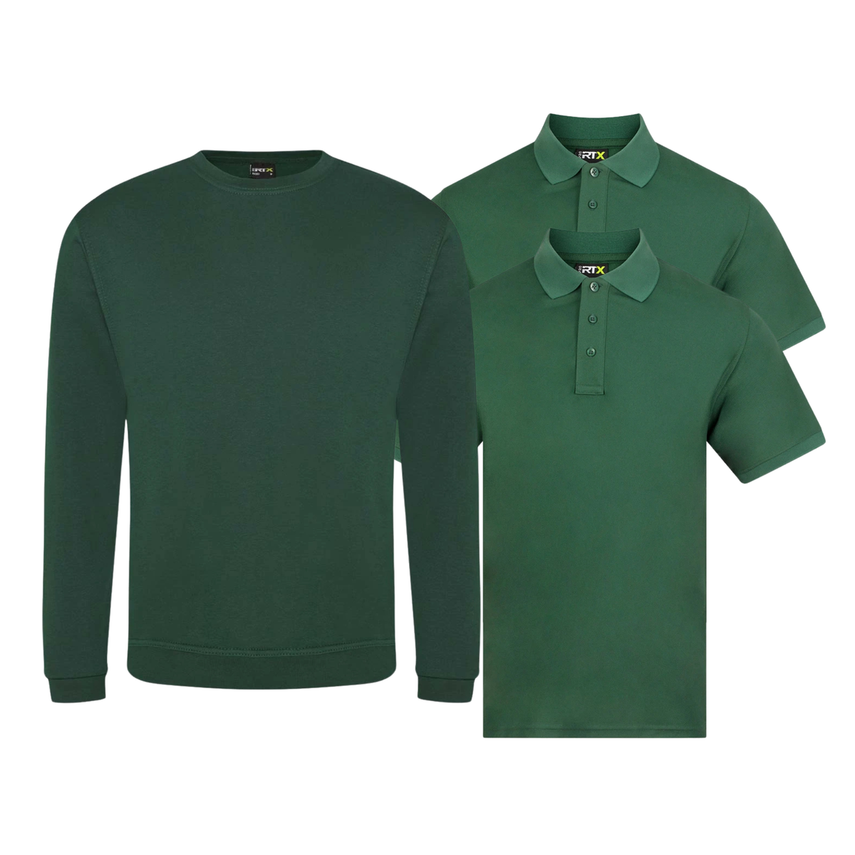 Two Pro RTX piqué polo shirts and one crew-neck sweatshirt displayed as a workwear starter bundle