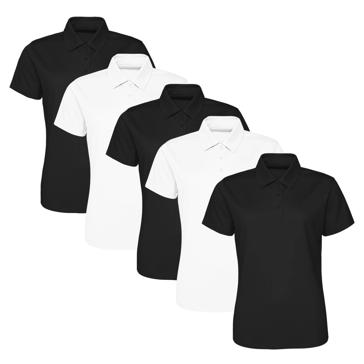 Five AWDis Just Cool ladies polo shirts displayed together as a lightweight teamwear bundle