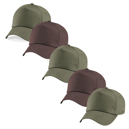 Beechfield five-panel cotton twill cap with pre-curved peak and adjustable fastening