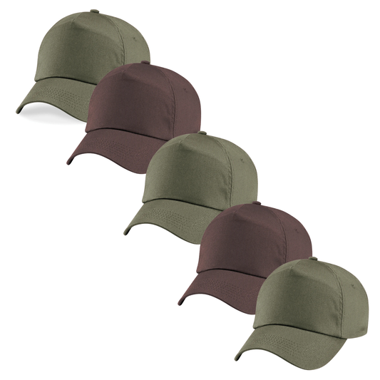 Beechfield five-panel cotton twill cap with pre-curved peak and adjustable fastening