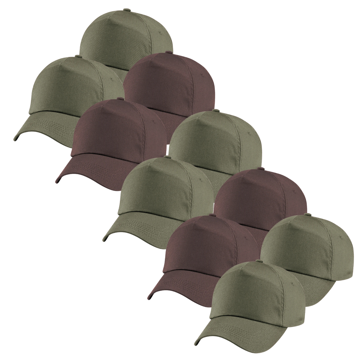 Ten Beechfield cotton twill caps displayed together as a personalised headwear bundle