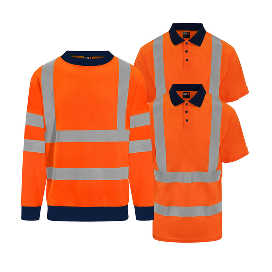 Pro RTX high-visibility polo shirts and two-tone sweatshirt with reflective bands