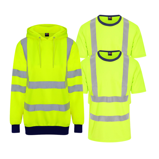 Pro RTX hi-vis workwear bundle with two reflective T-shirts and one two-tone hoodie