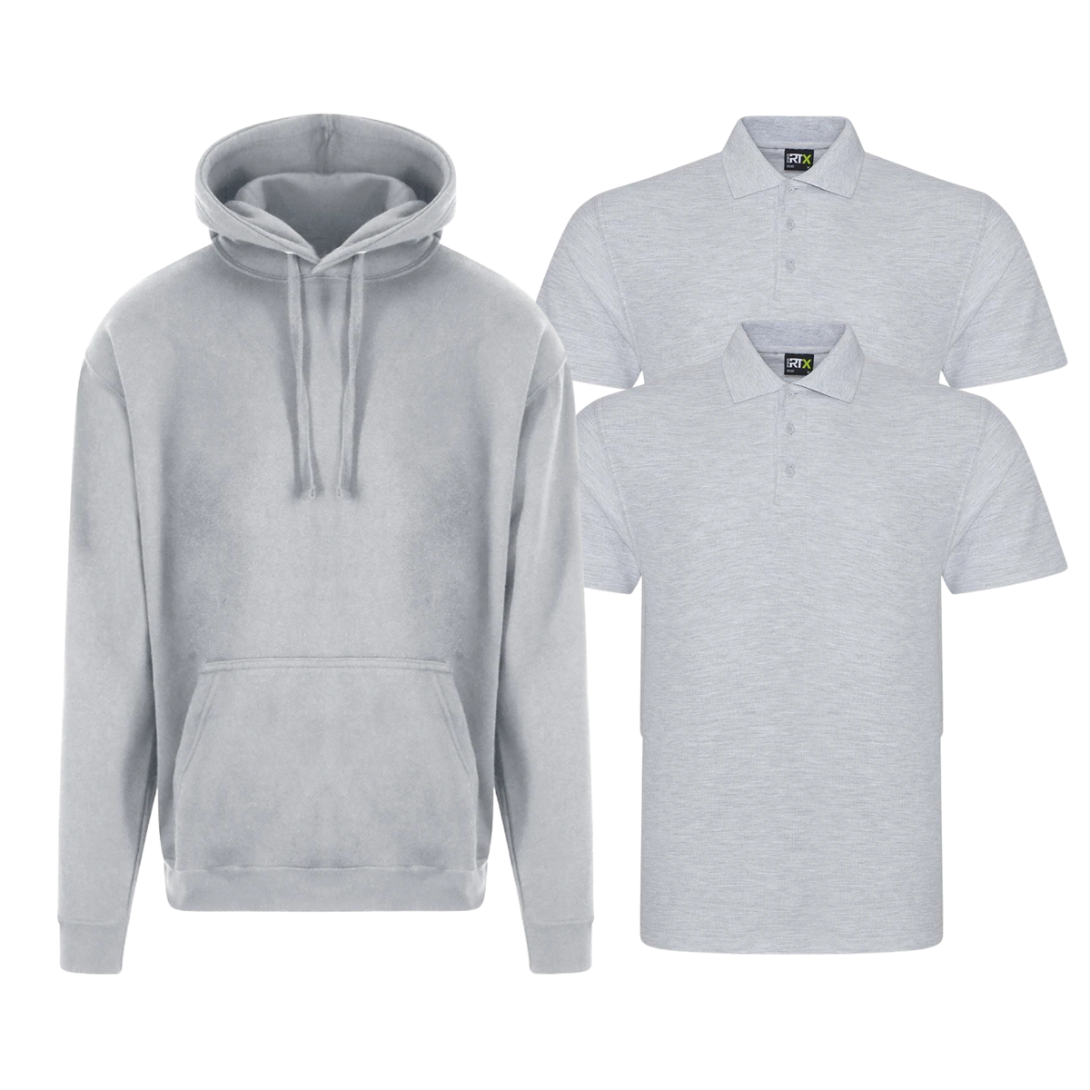 Two Pro RTX polo shirts and one hoodie in a personalised small business workwear bundle