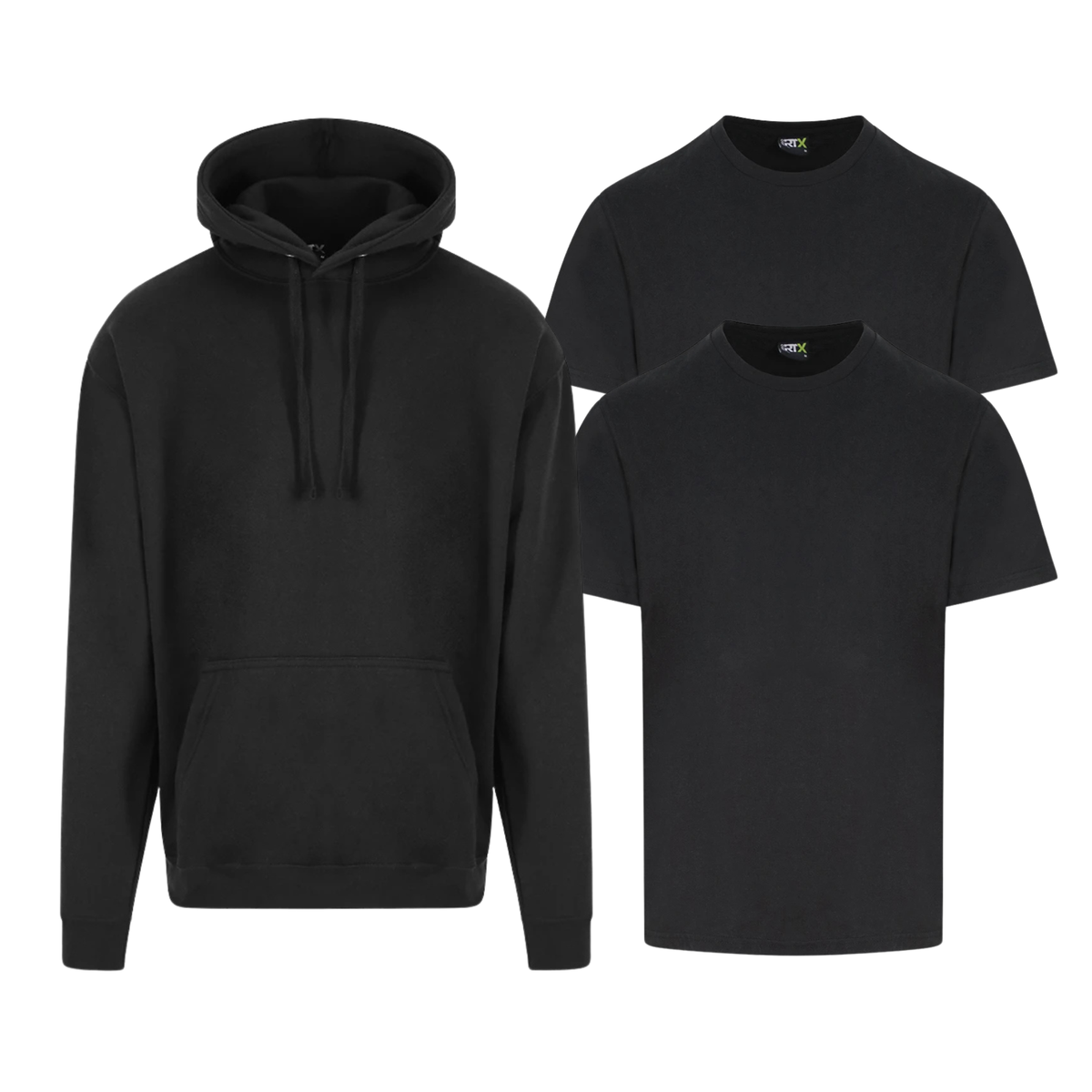 Two personalised Pro RTX T-shirts and one branded hoodie in a small business workwear bundle