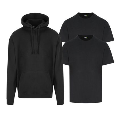 Two personalised Pro RTX T-shirts and one branded hoodie in a small business workwear bundle