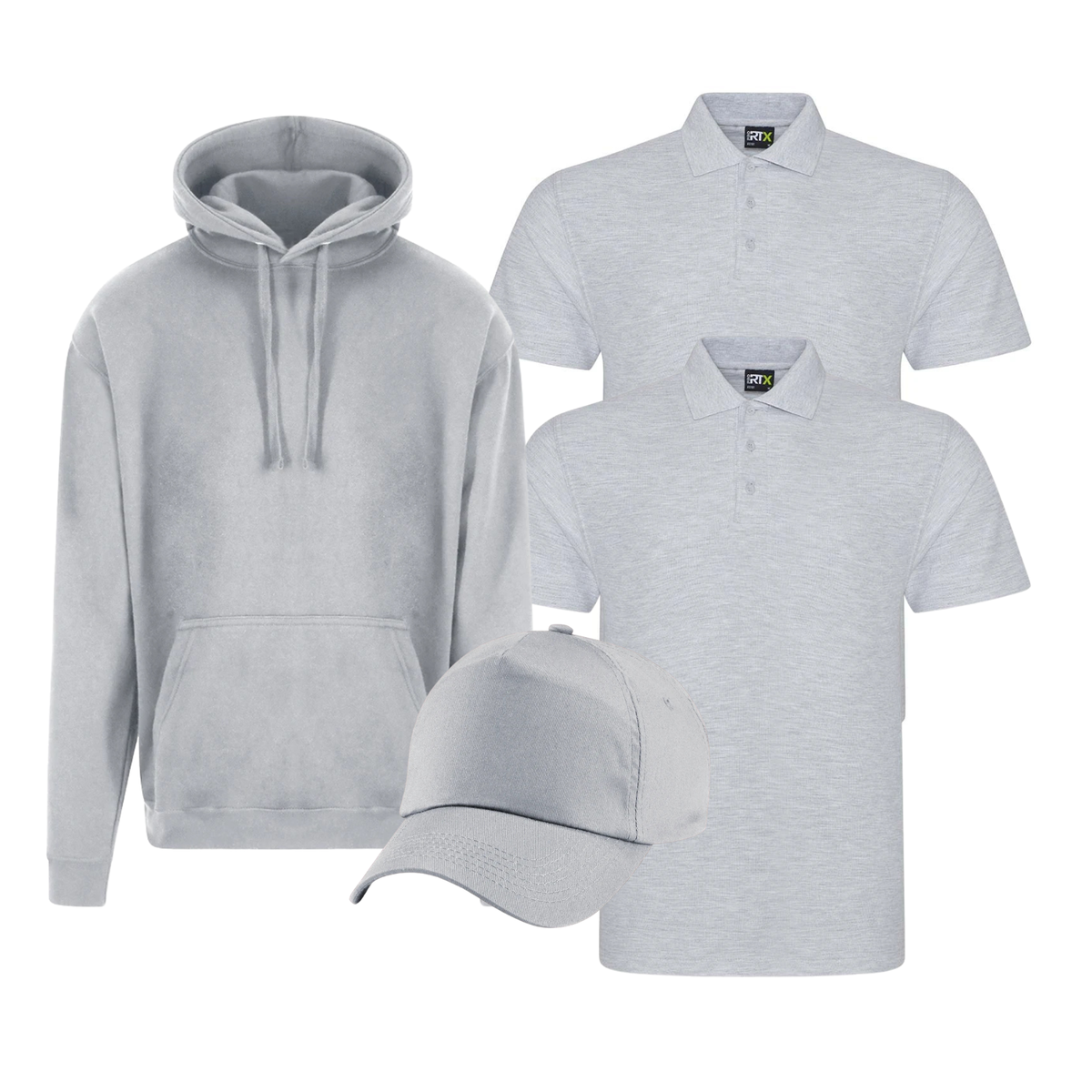 Two Pro RTX piqué polo shirts, one pullover hoodie and one Beechfield five-panel cap