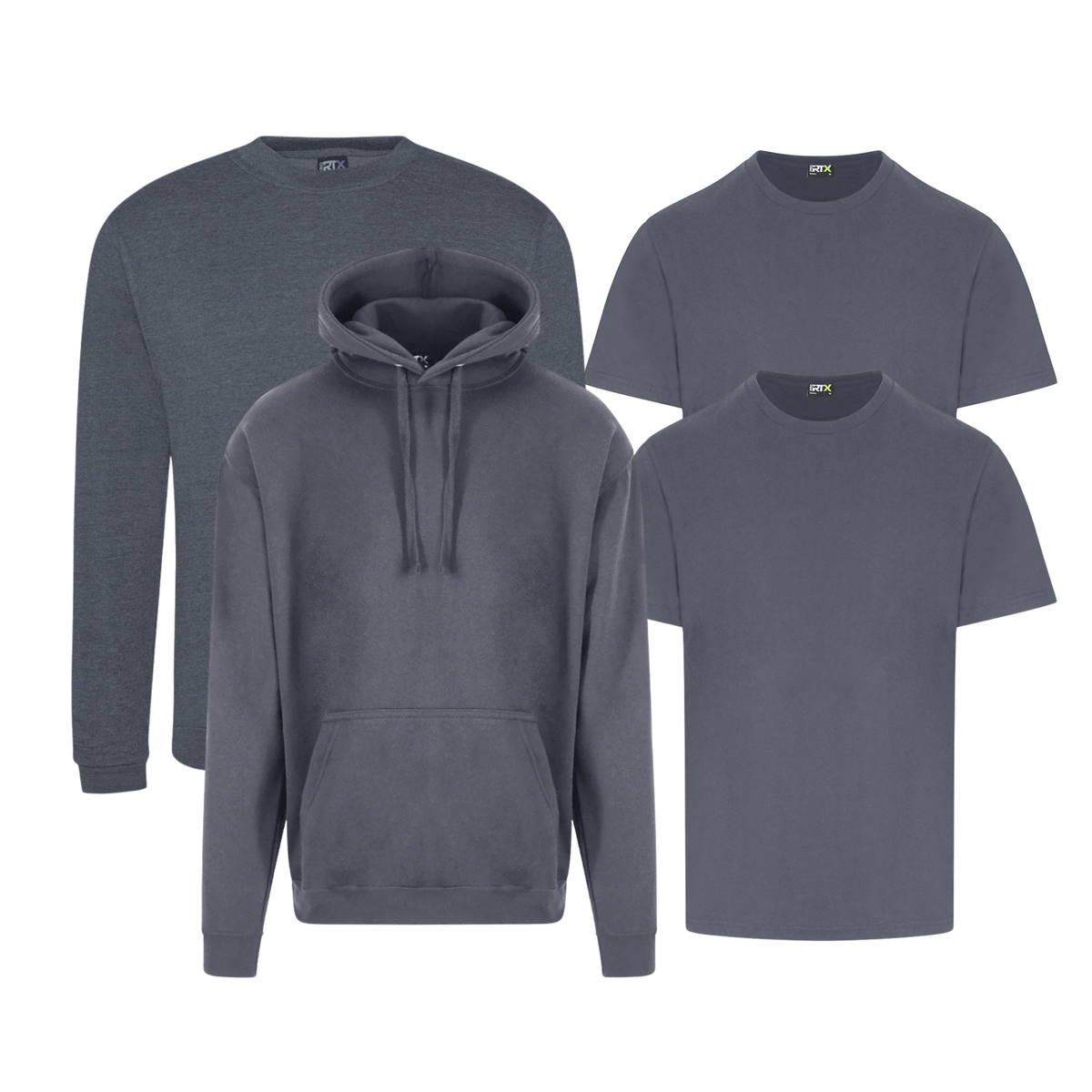 Two Pro RTX workwear T-shirts, one pullover hoodie and one crew-neck sweatshirt in a personalised clothing bundle