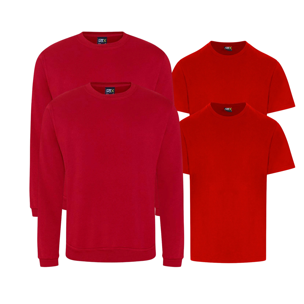 Two Pro RTX workwear T-shirts and two crew-neck sweatshirts displayed together as a clothing bundle