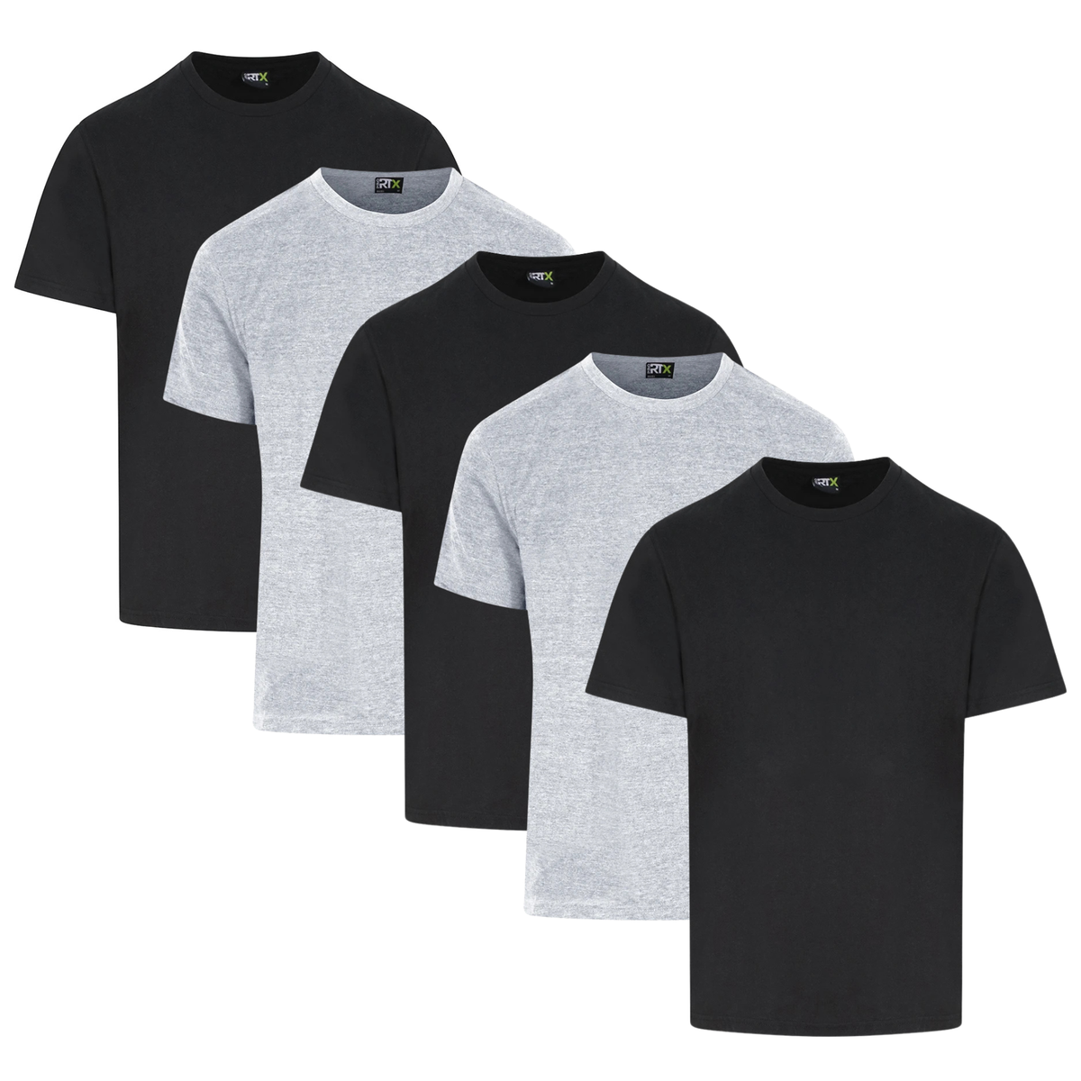 Five Pro RTX crew-neck T-shirts displayed together in a custom printed workwear bundle