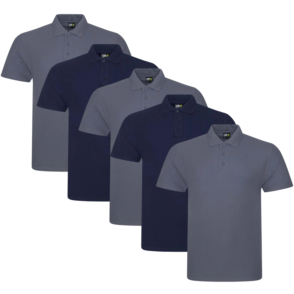 Five Pro RTX polo shirts displayed together for a personalised workwear bundle